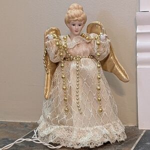 Porcelain 10in Angel Lighted Ivory Lace And Gold Vintage Christmas Tree Topper